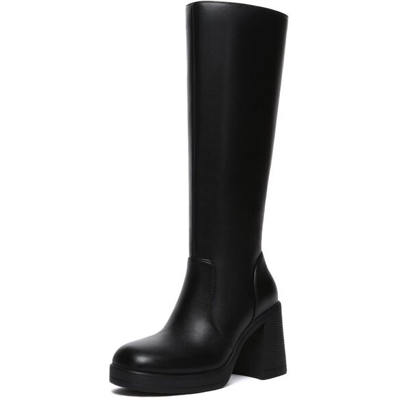Shoes - Women's Black Athlefit Knee High Platform Heeled Toe Chunky Side Zipper Boots